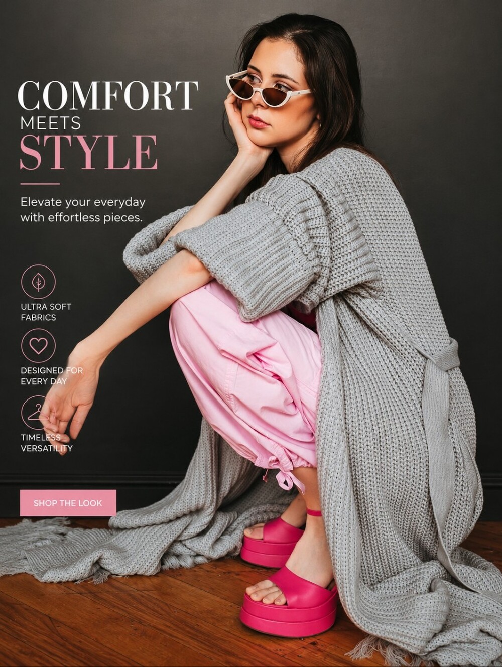 Chic Gray Knit Robe with Soft Pink Accents